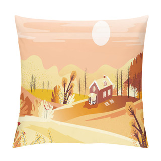 Personality  Fantasy Panorama Landscapes Of Countryside In Autumn,Panoramic Of Mid Autumn With Farm Field, Mountains, Wild Grass And Leaves Falling From Trees In Yellow Foliage. Wonderland Landscape In Fall Season Pillow Covers