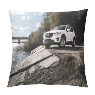 Personality  Car Mazda CX-5 Stand On Asphalt Countryside Road Near River At Daytime Pillow Covers