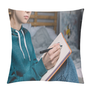 Personality  Cropped Image Of Girl Sitting On Armchair In Bedroom And Writing Something To Notebook Pillow Covers