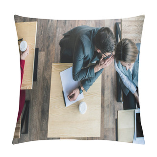 Personality  Businesspeople Gossiping In Cafe Pillow Covers