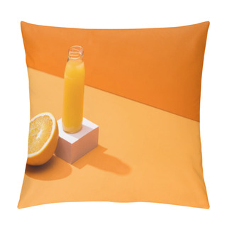 Personality  Fresh Juice In Glass Bottle Near Orange Half And White Cube On Orange Background Pillow Covers