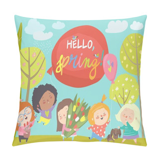 Personality  Cute Little Girls Meeting Spring In Park Pillow Covers