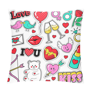 Personality Fashion Love Badges Set With Patches, Stickers, Lips, Hearts, Kiss, Lipstick In Pop Art Comic Style. Vector Illustration Pillow Covers