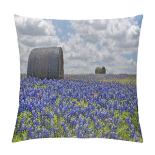 Personality  Bluebonnet Field With Hay Bales, Texas, USA Texas Pride Pillow Covers