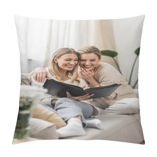 Personality  Pretty And Lovely Sisters In Trendy Attire Laughing And Looking At Photo Album, Family Bonding Pillow Covers