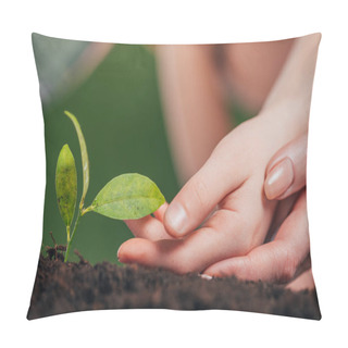 Personality  Selective Focus Of Woman And Kid Hands Near Young Green Plant Growing In Ground On Blurred Background, Earth Day Concept Pillow Covers
