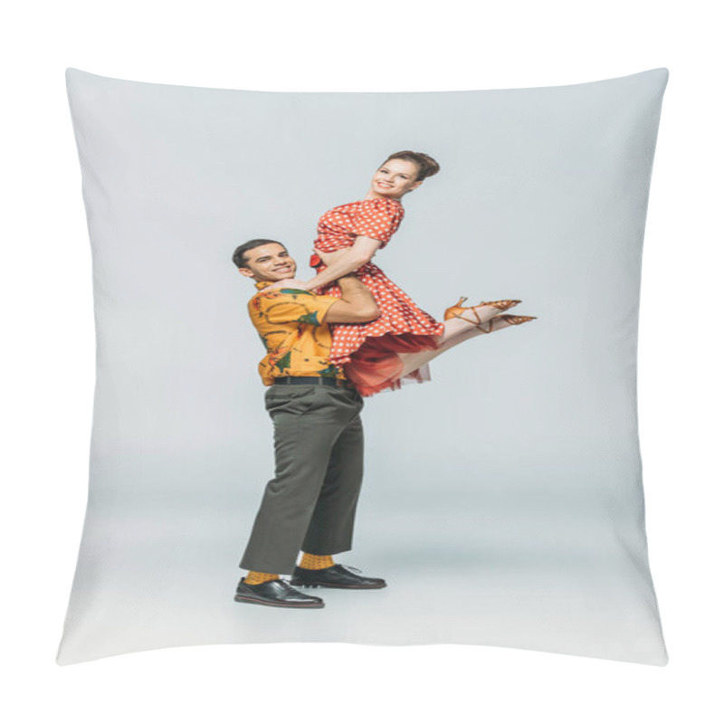 Personality  Stylish Dancer Holding Partner While Dancing Boogie-woogie On Grey Background Pillow Covers
