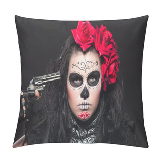 Personality  Young Girl In Day Of The Dead Mask With Gun Pillow Covers