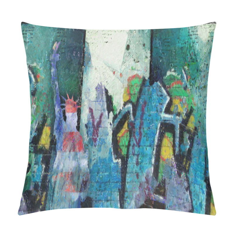 Personality  Modern art. Liberty statue in national colors. Graffiti background. pillow covers