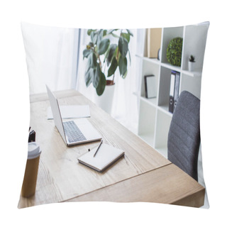 Personality  Laptop And Coffee In Paper Cup On Table In Business Workspace Pillow Covers