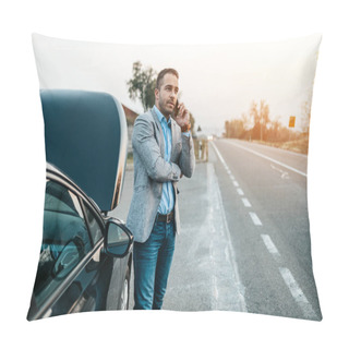 Personality  Elegant Middle Age Business Man Calling Towing Service For Help On The Road. Roadside Assistance Concept. Pillow Covers