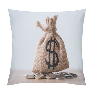 Personality  Sackcloth Money Bag With Dollar Sign And Metal Coins Isolated On Grey Pillow Covers