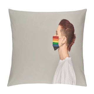 Personality  Side View Of Redhead Queer Person In Rainbow Colors Medical Mask On Grey Backdrop, Profile Portrait Pillow Covers