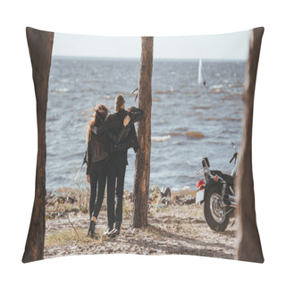 Personality  Rear View Of Couple Of Bikers Hugging And Looking At Sea, Motorbike Standing Near Pillow Covers