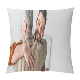 Personality  Panoramic Shot Of Happy Bearded Man Smiling While Hugging Elder Father At Home  Pillow Covers