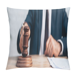 Personality  Horizontal Crop Of Man Holding Gavel Near Papers On Table Pillow Covers
