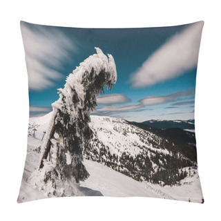 Personality  Scenic View Of Mountain And Pine Tree Covered With Snow Against Dark Sky With Fluffy Clouds Pillow Covers