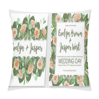 Personality  Set Of Vector Illustrations Of Decorative Vintage Lace Frames With Cream Roses And Twigs And Leaves Of Eucalyptus. For The Wedding Invitation, Greeting Cards, Banner, St. Valentine's Day. All Elements Are Isolated Pillow Covers