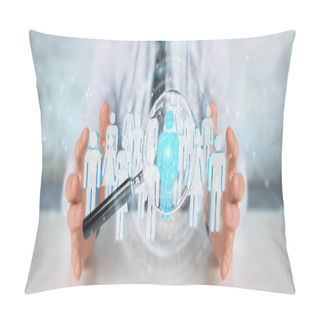 Personality  Businessman Using Magnifying Glass To Recruit People 3D Renderin Pillow Covers