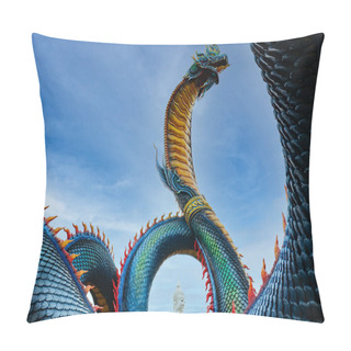 Personality  King Naga And White Buddha Statue At Wat Roi Phra Phutthabat Phu Manorom, Mukdahan, Thailand Pillow Covers