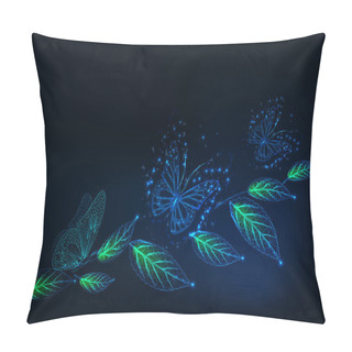 Personality  Futuristic Web Banner Template With Glowing Low Polygonal Butterflies And Green Leaves On Dark Blue. Pillow Covers