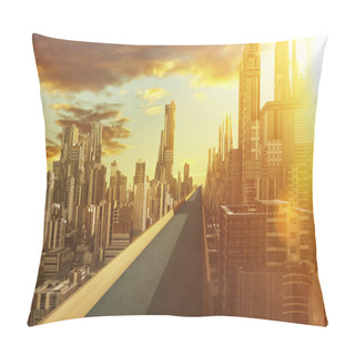 Personality  Highway Overpass With Futuristic Sci-fi City And Commercial Office Building . 3d Illustration Rendering . Pillow Covers
