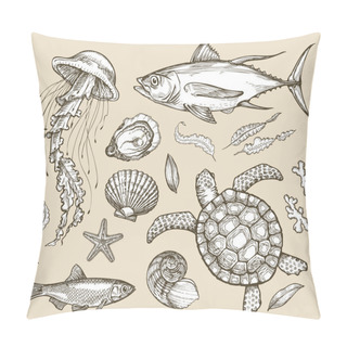 Personality  Hand Drawn Sketch Set Marine Animals, Wildlife. Vector Illustration Pillow Covers