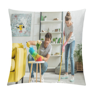 Personality  Happy Man And Woman Doing Spring Cleaning In Apartment  Pillow Covers