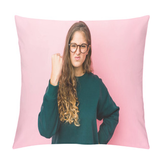 Personality  Young Caucasian Woman Showing Fist To Camera, Aggressive Facial Expression. Pillow Covers