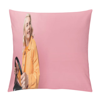 Personality  Smiling Blonde Driver In Jacket Holding Steering Wheel Ad Looking Away Isolated On Pink, Banner   Pillow Covers