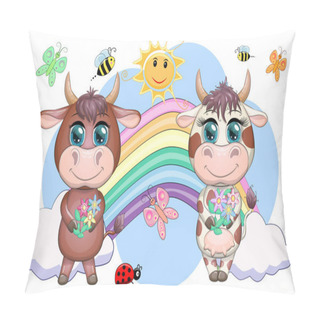 Personality  Cute Cartoon Couple Cow And Bull With Flowers On A Rainbow Background. Symbol Of The Year 2021 According To The Chinese Calendar. Children's Illustration. Pillow Covers