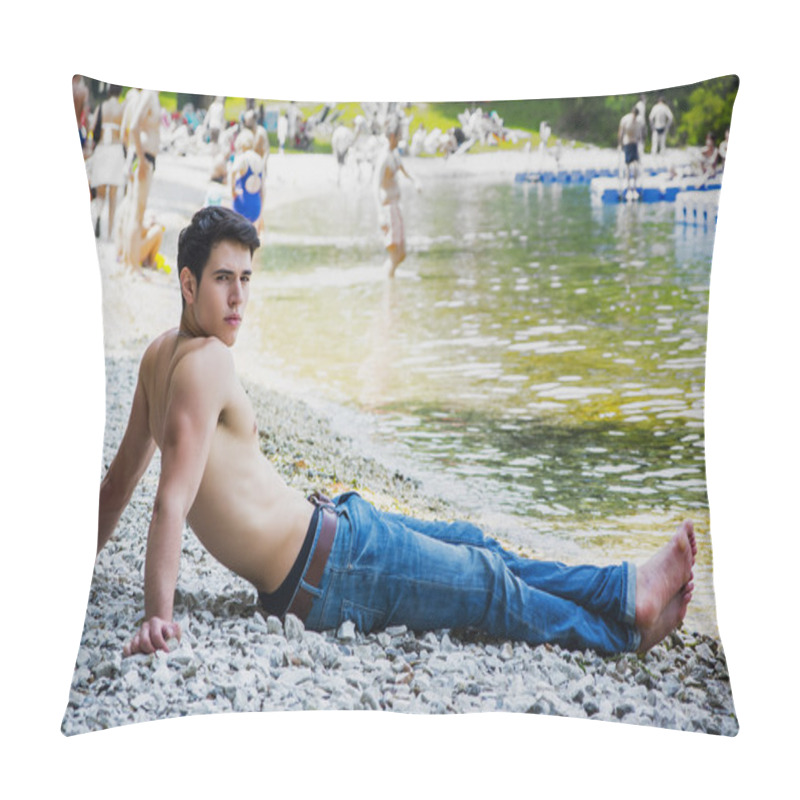 Personality  Muscular Shirtless Young Man On Lake In A Sunny, Peaceful Pillow Covers