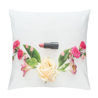 Personality  Top View Of Composition With Flowers And Lipstick On White Background Pillow Covers