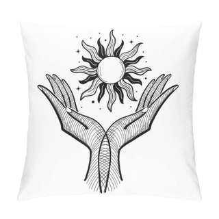 Personality  Magic Symbol With Two Palms And Sun, Magic Boho Style Design, Tattoo, Engraving. Linear Drawing For Astrology, Palmistry, Divination, Sketch, Isolated On A White Background. Pillow Covers