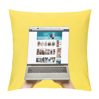 Personality  Cropped Shot Of Person Holding Laptop With Amazon Website On Screen Isolated On Yellow Pillow Covers