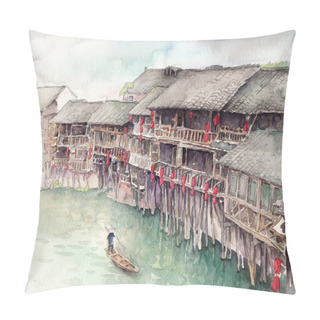 Personality  Water Town, China. Watercolor Artwork  Pillow Covers