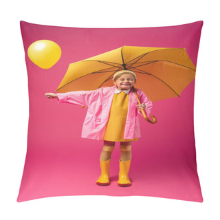 Personality  Full Length Of Excited Girl In Raincoat Holding Balloon And Yellow Umbrella On Crimson Pillow Covers