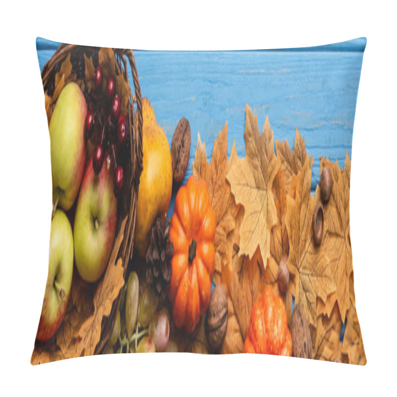 Personality  Top View Of Autumnal Harvest In Basket And Foliage On Blue Wooden Background, Panoramic Shot Pillow Covers