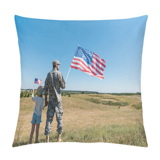 Personality  Soldier Holding Hands With Child And Holding American Flag  Pillow Covers