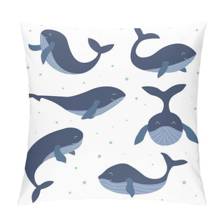 Personality  Set Of Cute Smile Blue Whales. Colorful Vector Isolated Illustration Hand Drawn. Wildlife, Mammal From Ocean Pillow Covers