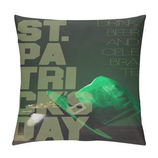 Personality  Close Up View Of Hat And Pot Of Gold On Wooden Tabletop With St Patricks Day Lettering Pillow Covers