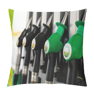 Personality  Shallow Depth Of Field (selective Focus) Details With Fuel Pumps At A Gas Station. Pillow Covers