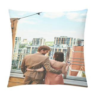 Personality  A Man And A Woman Stand Confidently On A Rooftop, Gazing Out At The Vast Cityscape Below Them Pillow Covers