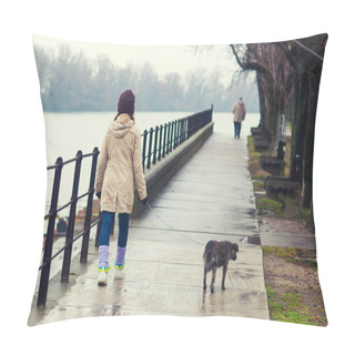 Personality  Teenage Girl Walking The Dog In Winter Pillow Covers