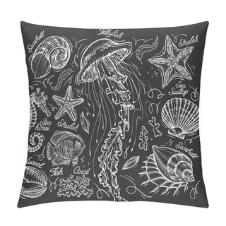 Personality  Hand Drawn Sketch Jellyfish, Starfish, Scallop, Conch, Coral, Mussel, Fish, Sea Horse. Vector Illustration Pillow Covers