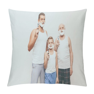 Personality  Father, Son And Grandpa Posing With Razors Pillow Covers
