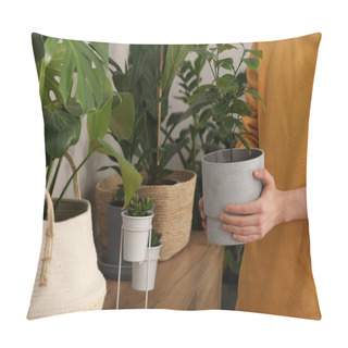Personality  Woman With Beautiful Green Houseplant Indoors, Closeup Pillow Covers