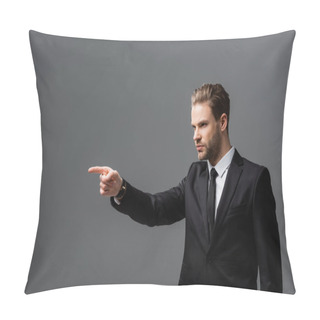 Personality  Serious Businessman Looking Away And Pointing With Finger Isolated On Grey Pillow Covers