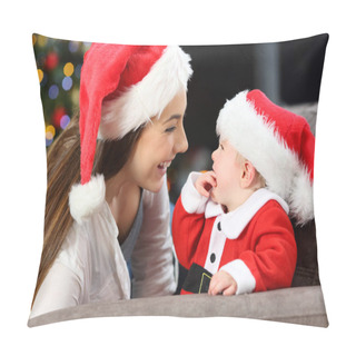 Personality  Happy Mother And Baby Looking Each Other In Christmas Lying On A Couch In The Living Room At Home Pillow Covers
