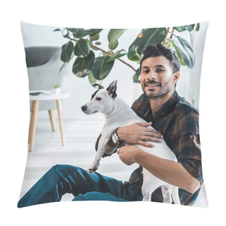 Personality  Smiling And Handsome Bi-racial Man Holding Jack Russell Terrier Pillow Covers